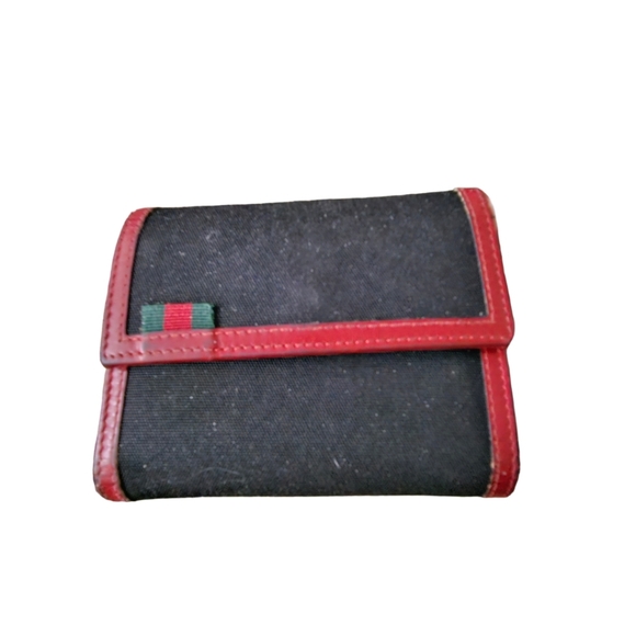 GUCCI VINTAGE ITALIAN COLOR RING WALLET LEATHER CANVAS TRIFOLD ITALY RED BLACK - Picture 1 of 10